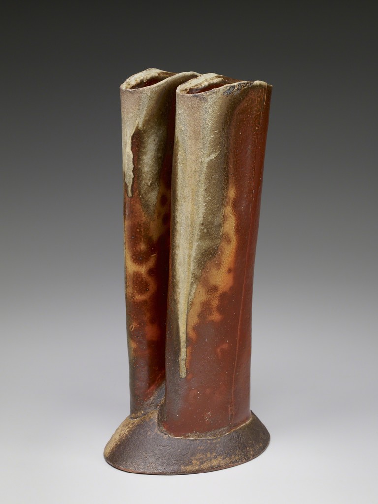 Double chimney vase, anagama natural ash glaze with kaolin flashing slip